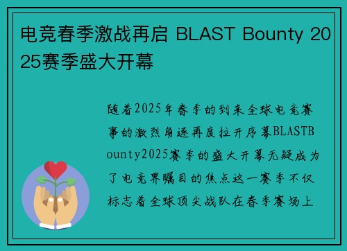 电竞春季激战再启 BLAST Bounty 2025赛季盛大开幕