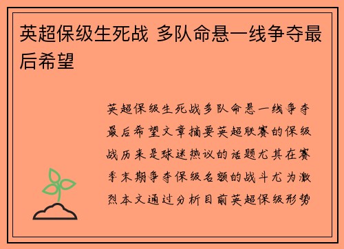 英超保级生死战 多队命悬一线争夺最后希望